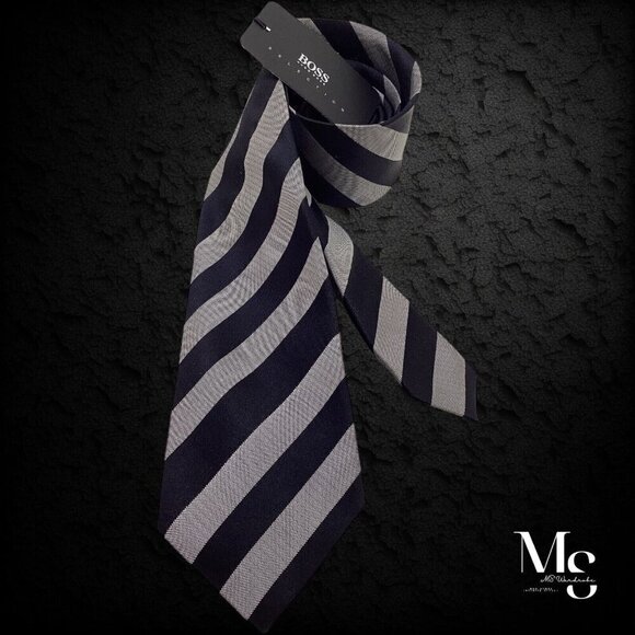 BOSS HUGO BOSS Selection Trifold Black Gray Striped Silk Tie Italy W: 3.25" NWT